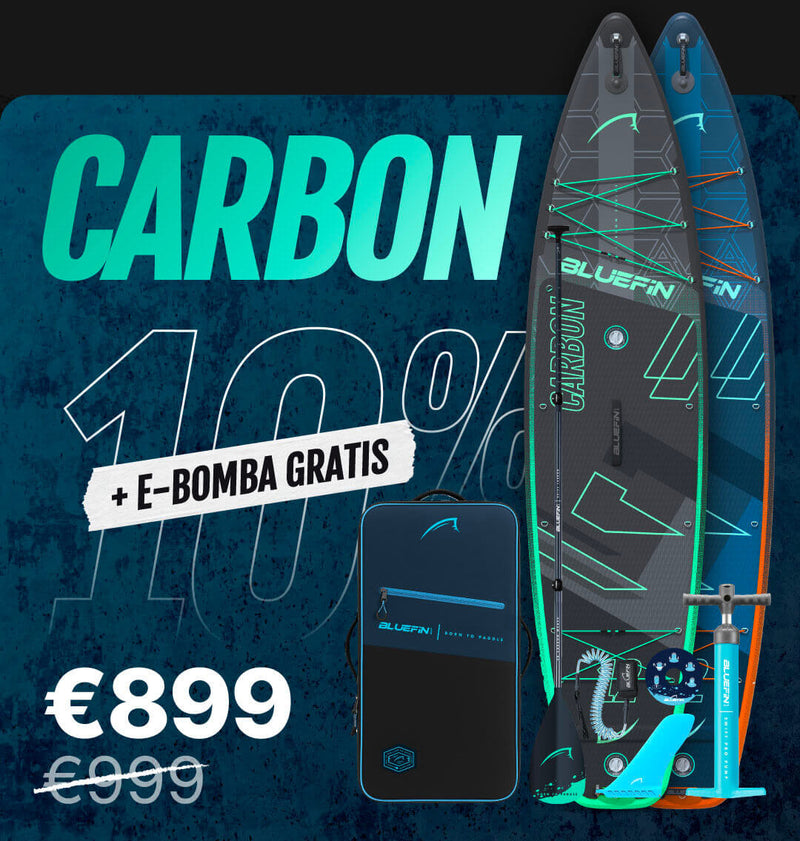 Two inflatable paddleboards with a pump and carrying bag, featuring a carbon design and sale price.
