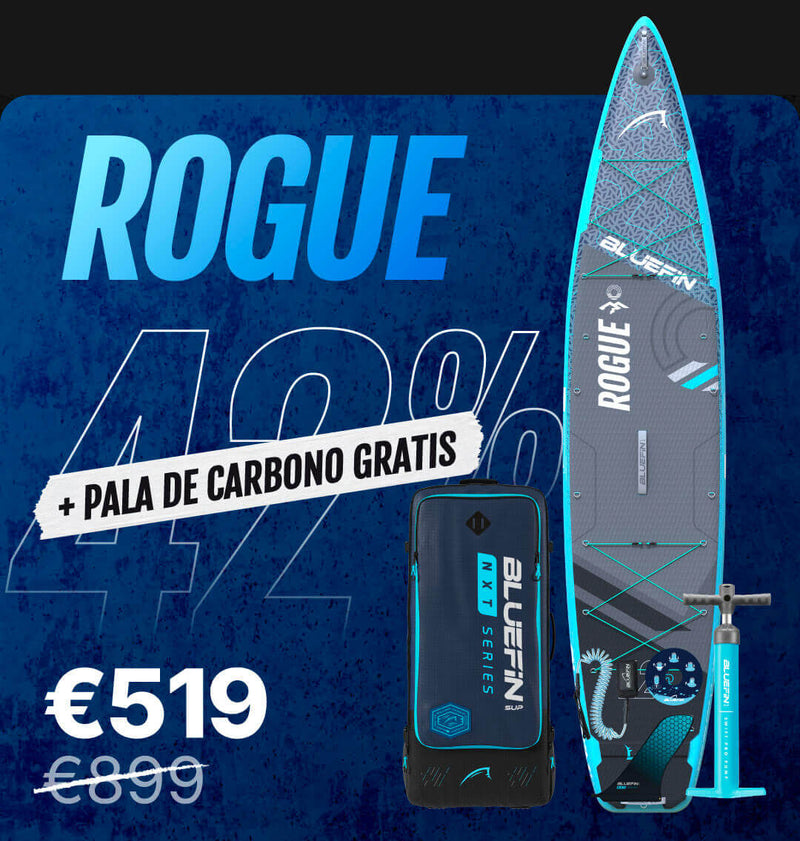 Inflatable paddleboard with textured deck, center fin, pump, and carry bag, showing 42% discount