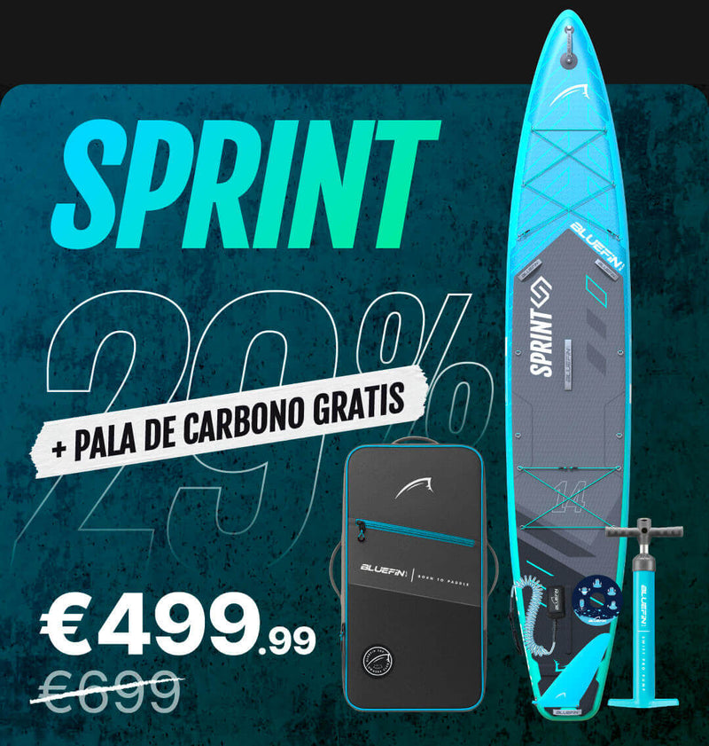 Inflatable paddleboard with blue and gray design, pump, and carrying bag, priced at €499.99