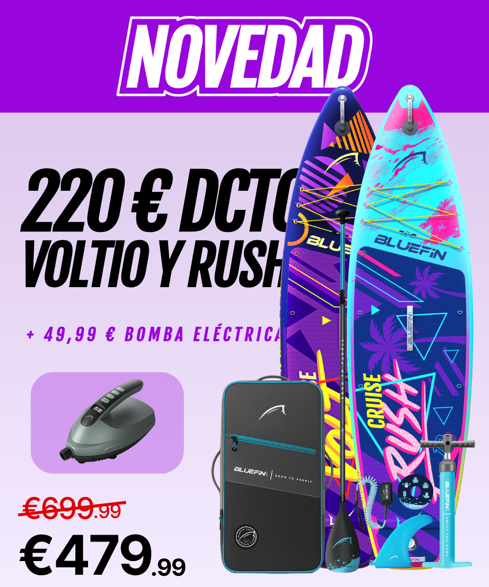 Two inflatable paddleboards, Voltio and Rush, with a pump and carrying bag, showcasing vibrant designs.