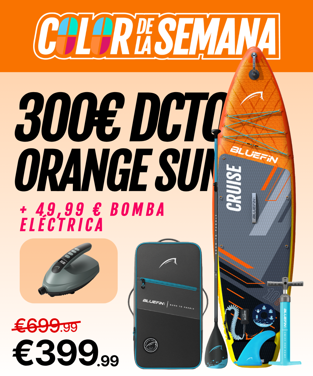 Inflatable paddleboard in orange with center fin, pump, and carrying bag, priced at €399.99