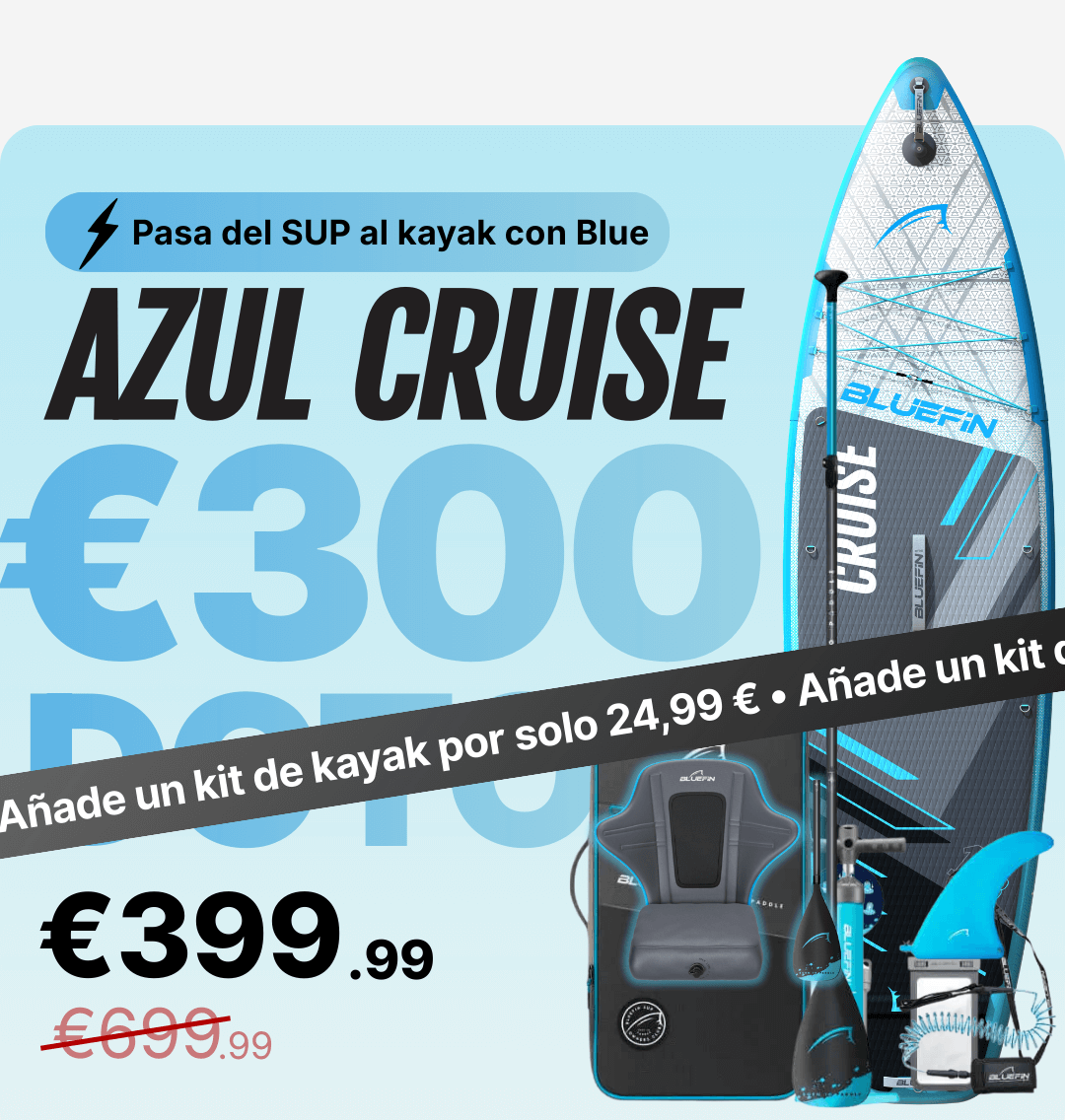 Inflatable paddleboard in blue with textured deck, center fin, and kayak conversion kit displayed beside it