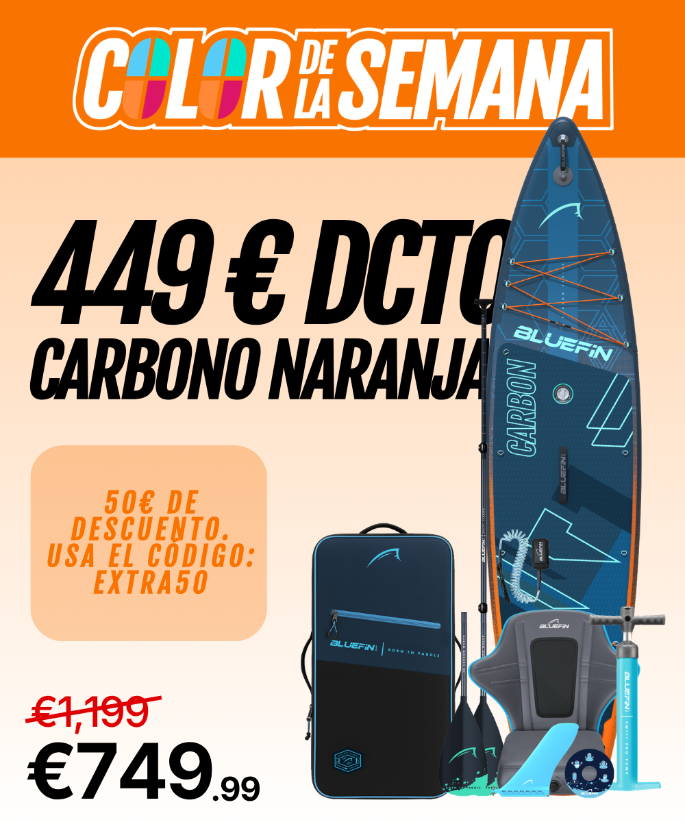 Inflatable paddleboard in orange and blue with paddle, pump, and carrying bag, showing discount details.