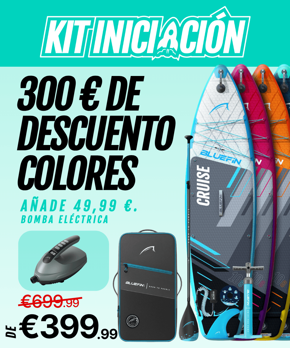 Three inflatable paddleboards in various colors, electric pump, and carrying bag displayed together.