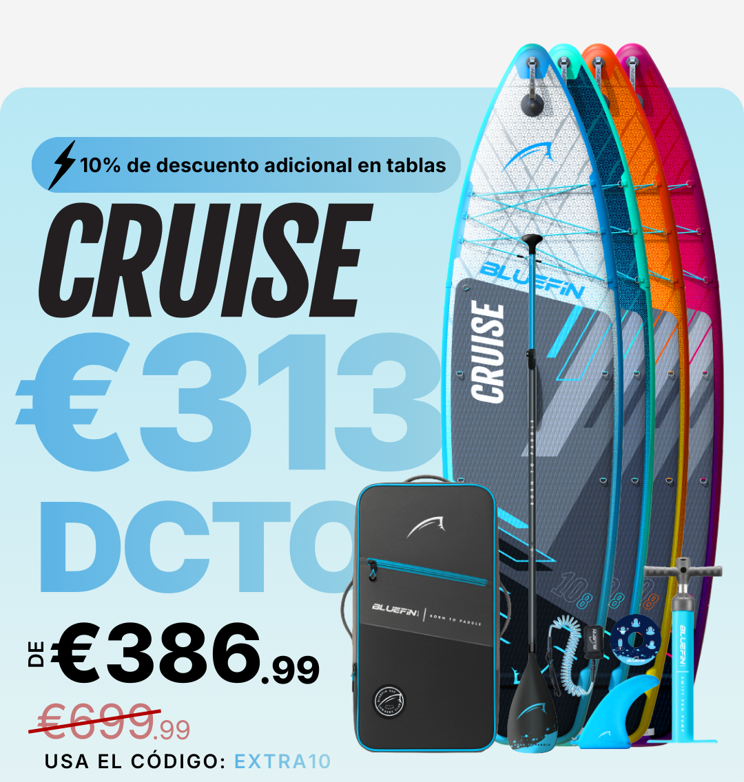 Three colorful inflatable paddleboards with a paddle, pump, and carrying bag, showing price and discount details.