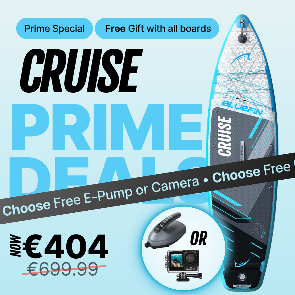 Inflatable paddleboard with blue and gray design, price €404, options for free E-pump or camera