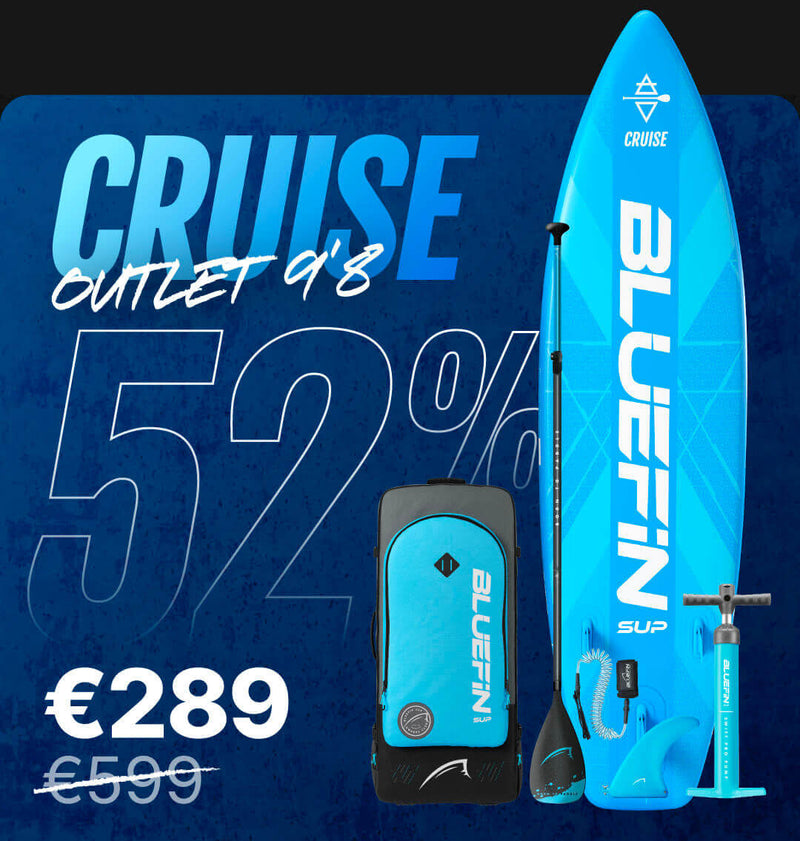 Inflatable paddleboard in blue with paddle, backpack, and pump, showcasing 52% discount