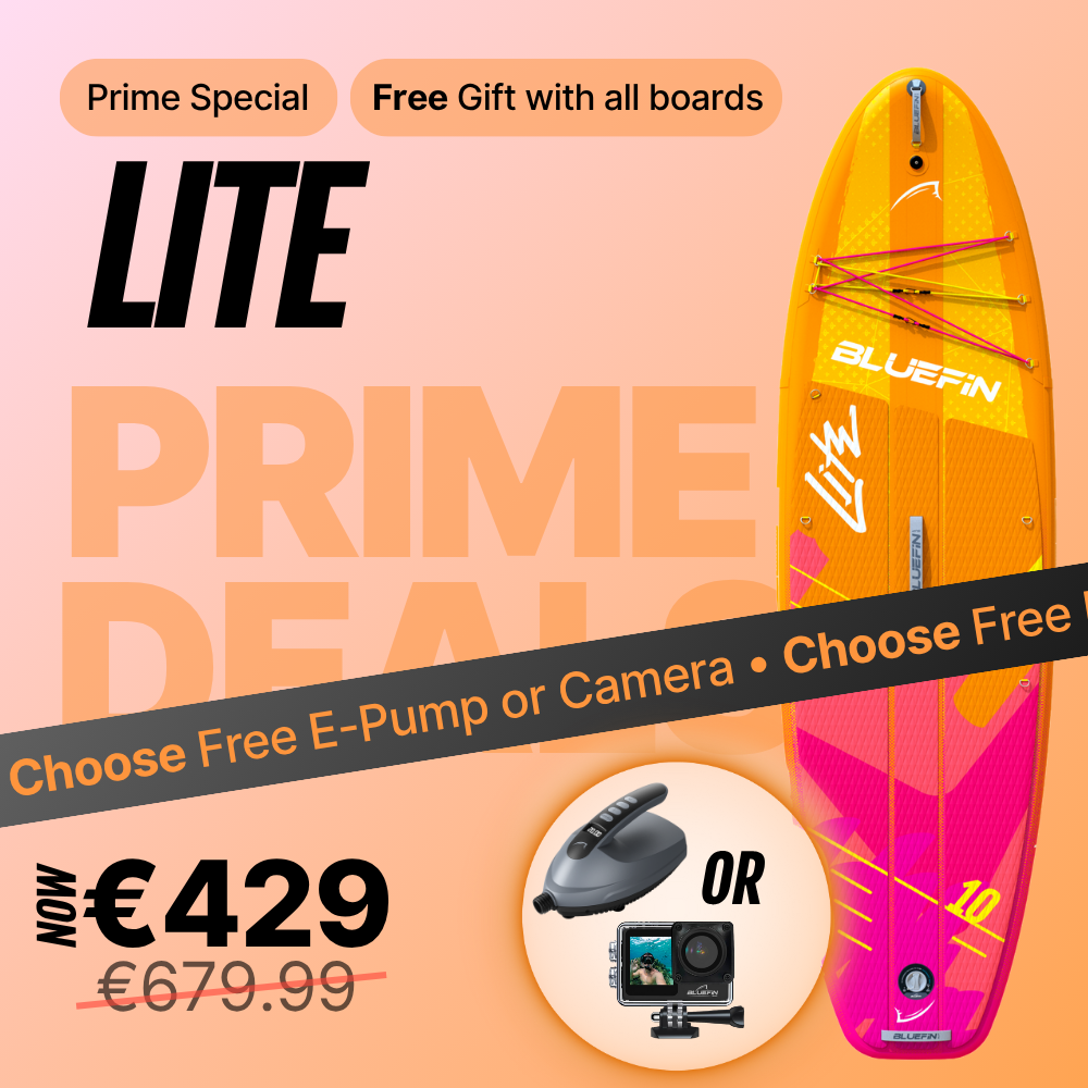 Inflatable paddleboard in orange and pink with textured deck, center fin, and price €429