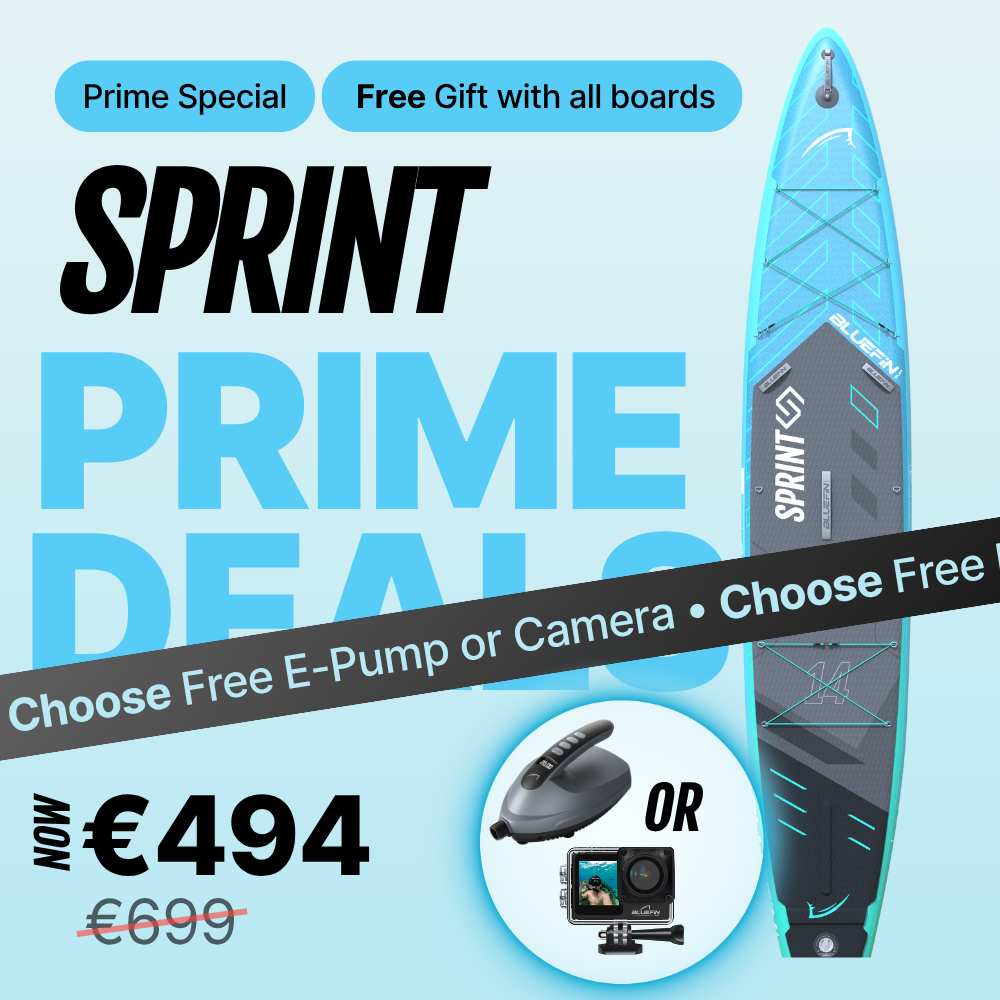 Inflatable paddleboard with blue and black design, price €494, free gift options displayed
