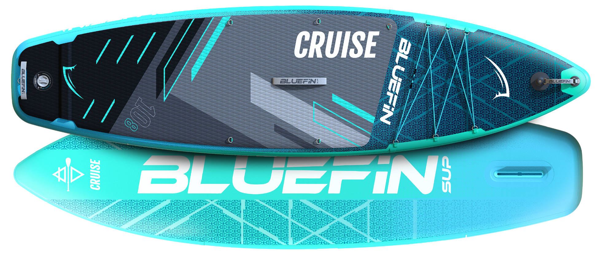 Inflatable paddleboard with textured deck, center fin, and branding in blue and turquoise colors