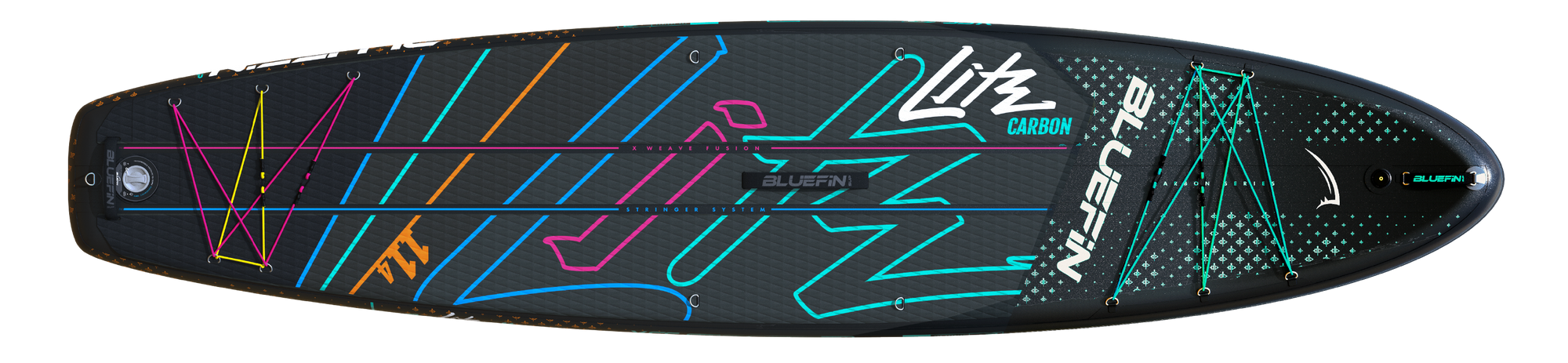 Paddleboard with colorful graphics, textured deck pad, and multiple attachment points for accessories