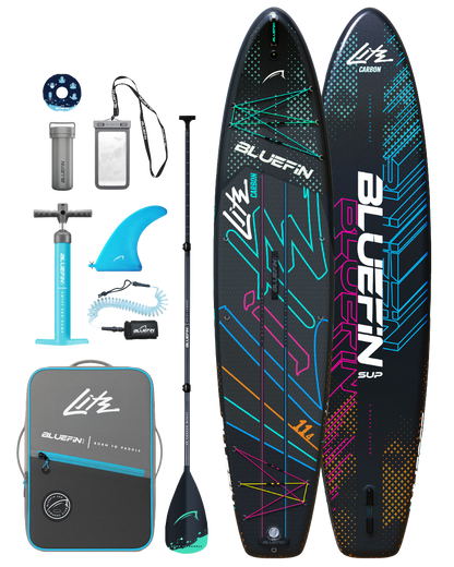 Kit de paddleboard hinchable Lite Carbon con remo, bomba, aleta, leash, bolsa de transporte y accesorios