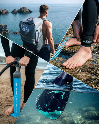 Collage con mochila para paddleboard, bomba manual, leash de tobillo y aleta submarina en entornos costeros