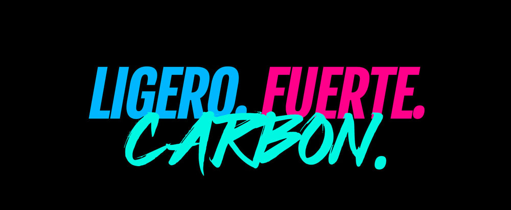 Text graphic featuring the words 'Ligero. Fuerte. Carbon.' in blue, pink, and teal on a black background.