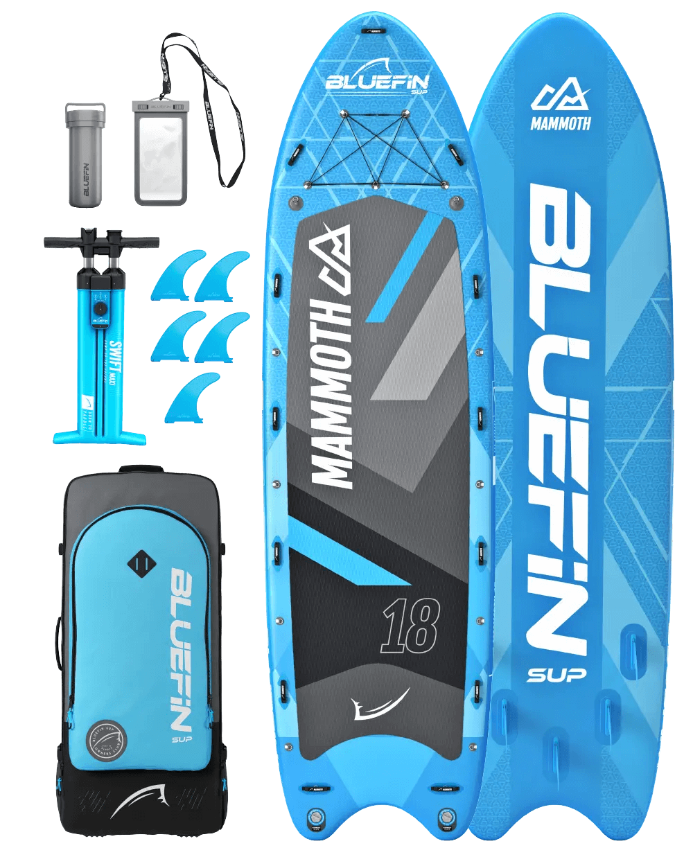 Inflatable paddleboard with blue and gray design, pump, fins, backpack, and waterproof case.