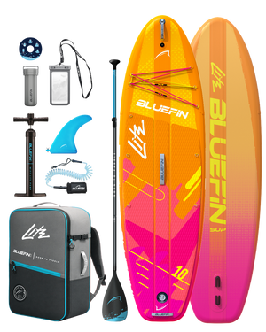 Inflatable paddleboard with orange and pink design, paddle, pump, fin, backpack, and accessories.