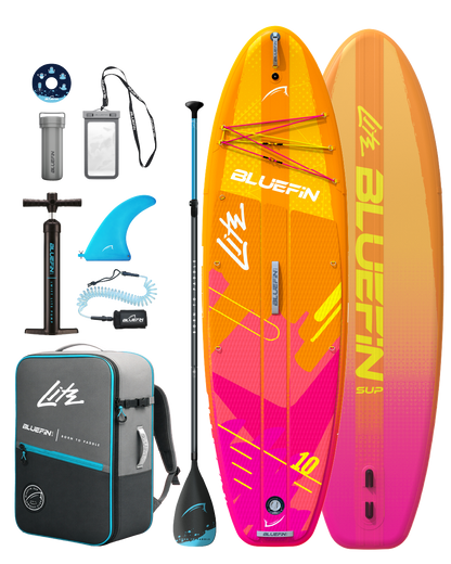 Inflatable paddleboard with orange and pink design, paddle, pump, fin, backpack, and accessories.