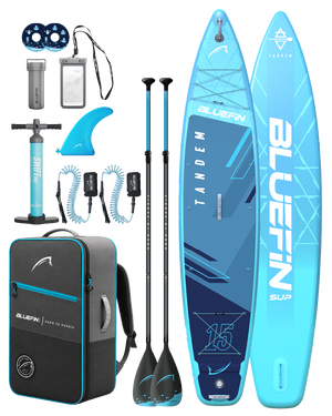 Tandem 15-foot inflatable SUP package with paddleboards, paddles, pump, fins, leashes, dry bag and backpack; front and unders