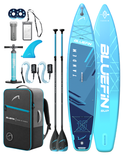 Paquete de SUP hinchable Tandem de 15 pies con tablas, remos, bomba, quillas, correas, bolsa estanca y mochila; parte frontal