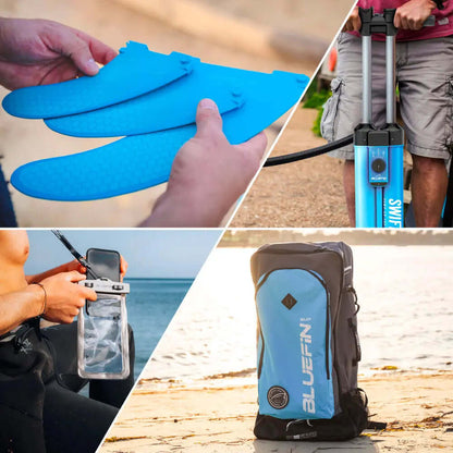 Accesorios de Bluefin SUP que incluyen aletas azules, bomba, bolsa impermeable y usuario sosteniendo una funda para teléfono.