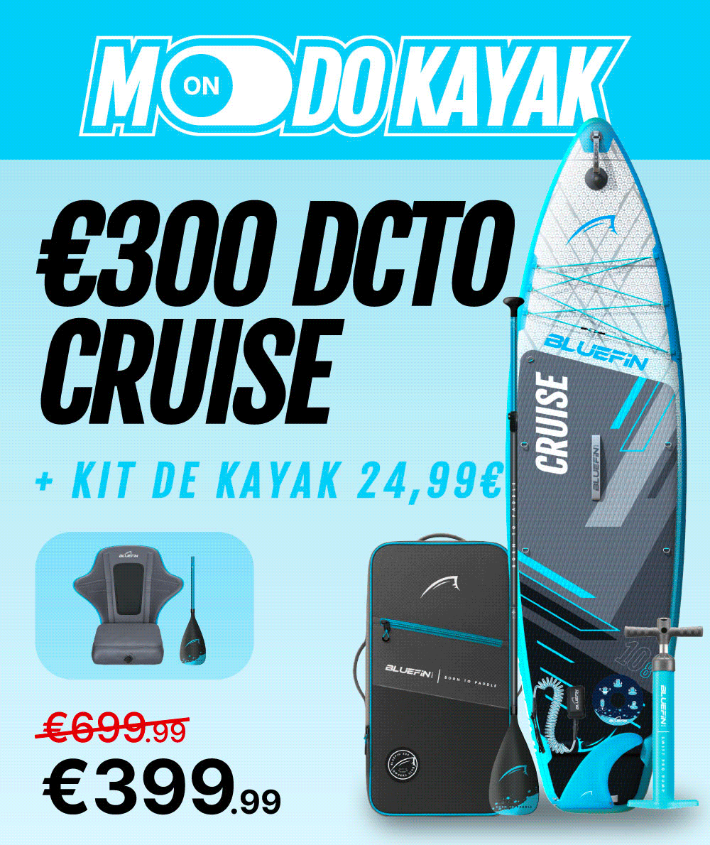 Inflatable paddleboard with textured deck, center fin, and carry bag, priced at €399.99