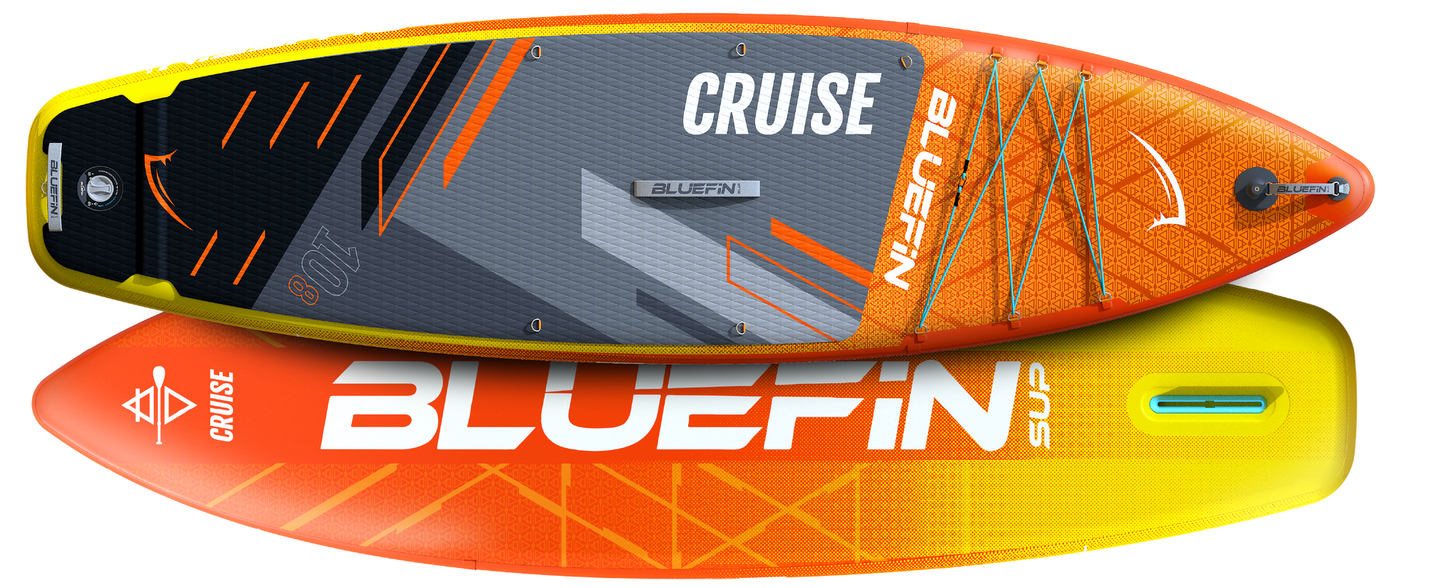 Inflatable paddleboard with orange and yellow design, textured deck pad, and center fin.
