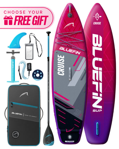 Inflatable paddleboard with pink and gray design, paddle, pump, fin, and accessories in a carrying bag.