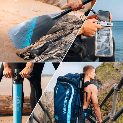 Collage de productos Bluefin: remo, funda para teléfono, bomba y mochila para paddleboarding.