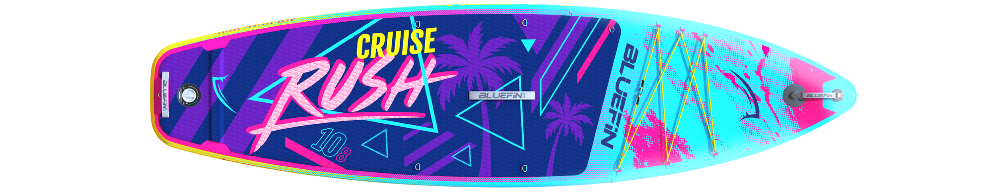 Inflatable paddleboard with colorful design, textured deck pad, center fin, and inflation valve