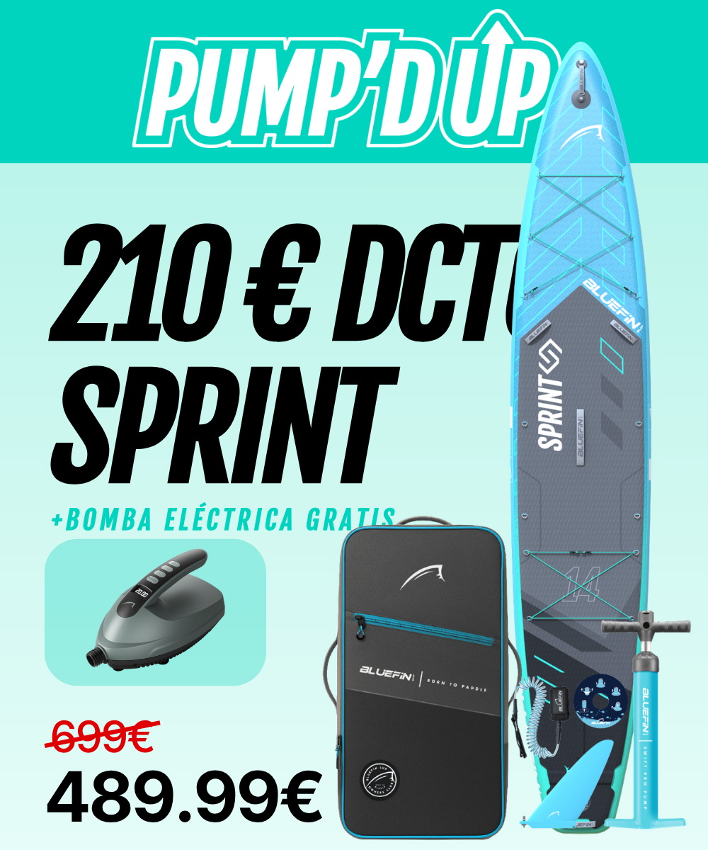 Inflatable paddleboard with blue design, electric pump, and carrying bag, marked down to 489.99€