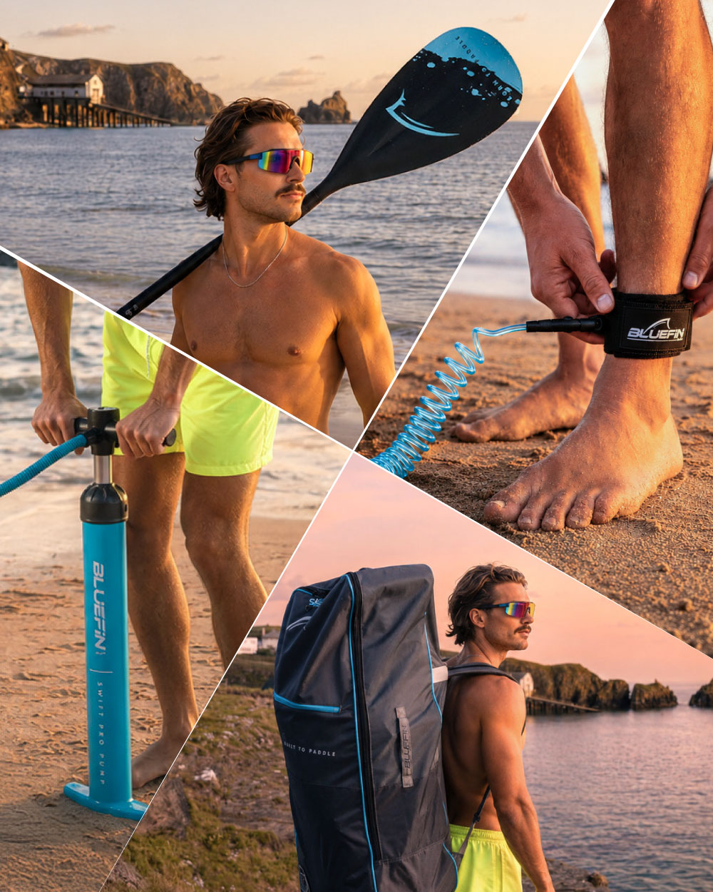 Man in sunglasses holding a paddle, using a pump, and wearing an ankle leash on the beach at sunset.