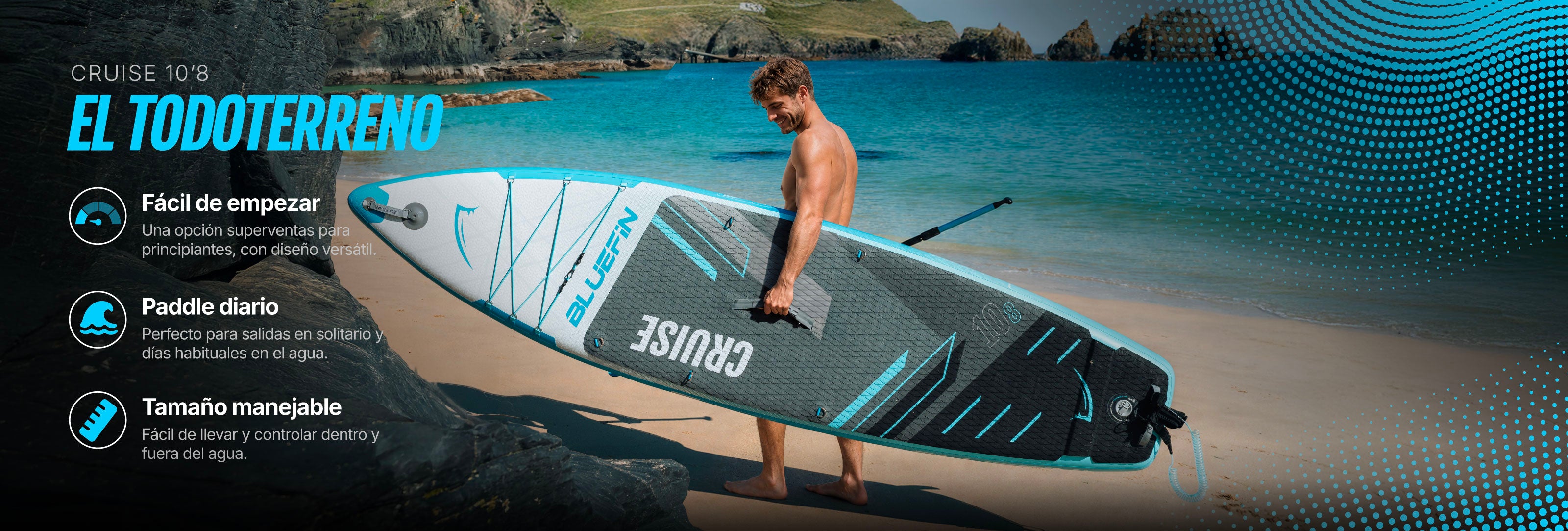 Inflatable paddleboard on beach, featuring textured deck, center fin, and a person holding it